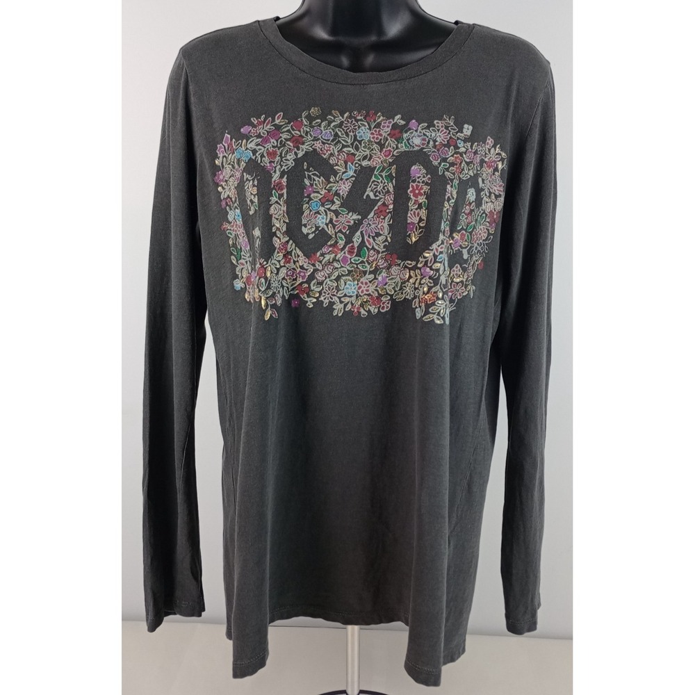 Lucky Brand Women's M Floral ACDC Band Long Sleeve 100% Cotton Dark Gray T-Shirt